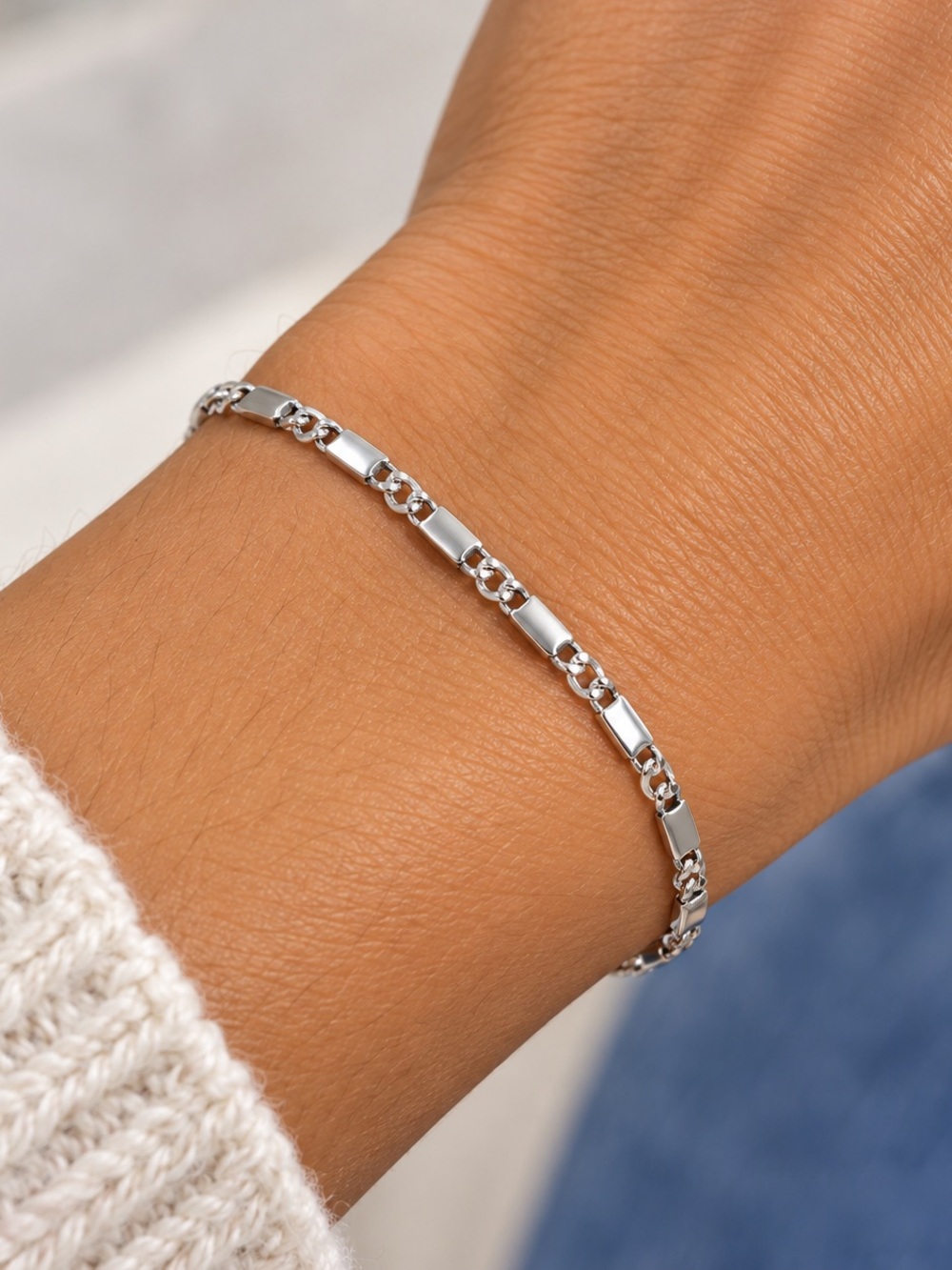 18K White Gold Layered Dainty Link Bracelet 7” Brazilian GF